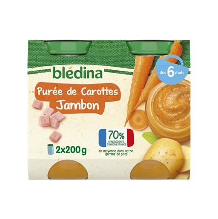 Blédina Petits Pots Purée Carotte Jambon Dès 6 Mois 2x200g